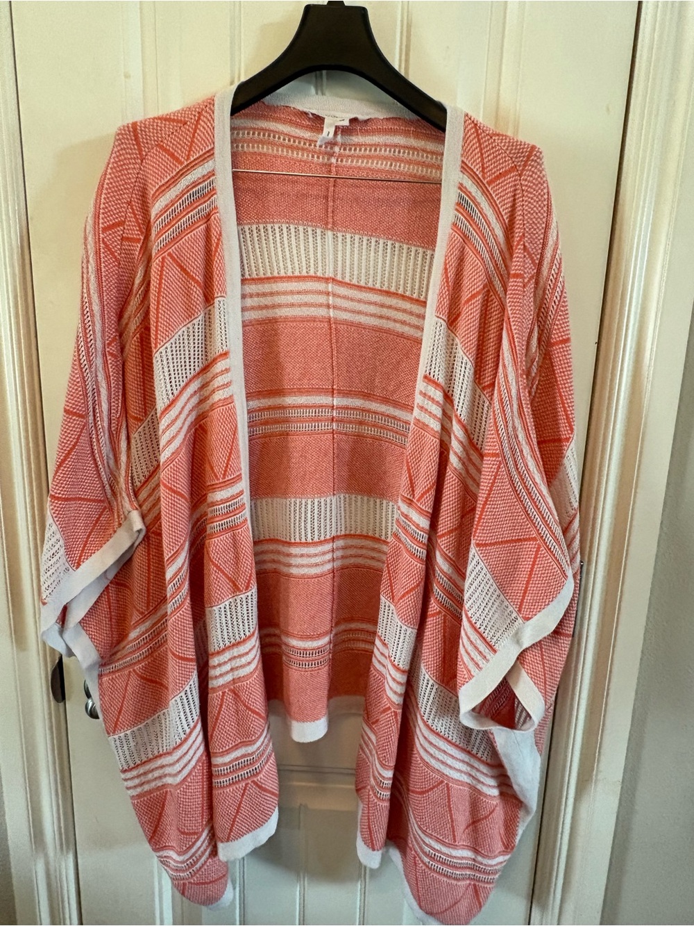 BCBGeneration Coral & White Open-Weave Kimono Cardigan